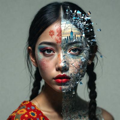 The primary subject of the image is a woman with a unique and artistic appearance. She is wearing a red and white dress and has a striking design on her face, which includes a mix of colors and patterns. The setting is a studio, and the visual style is a combination of photo and digital art. The woman's face is painted with a mix of colors and patterns, creating a vibrant and eye-catching look. The overall atmosphere of the image is creative and visually striking.